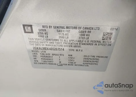 2014 GMC Terrain Sle-1 z USA, uszkodzony, nr VIN 2GKALMEK4E6267514